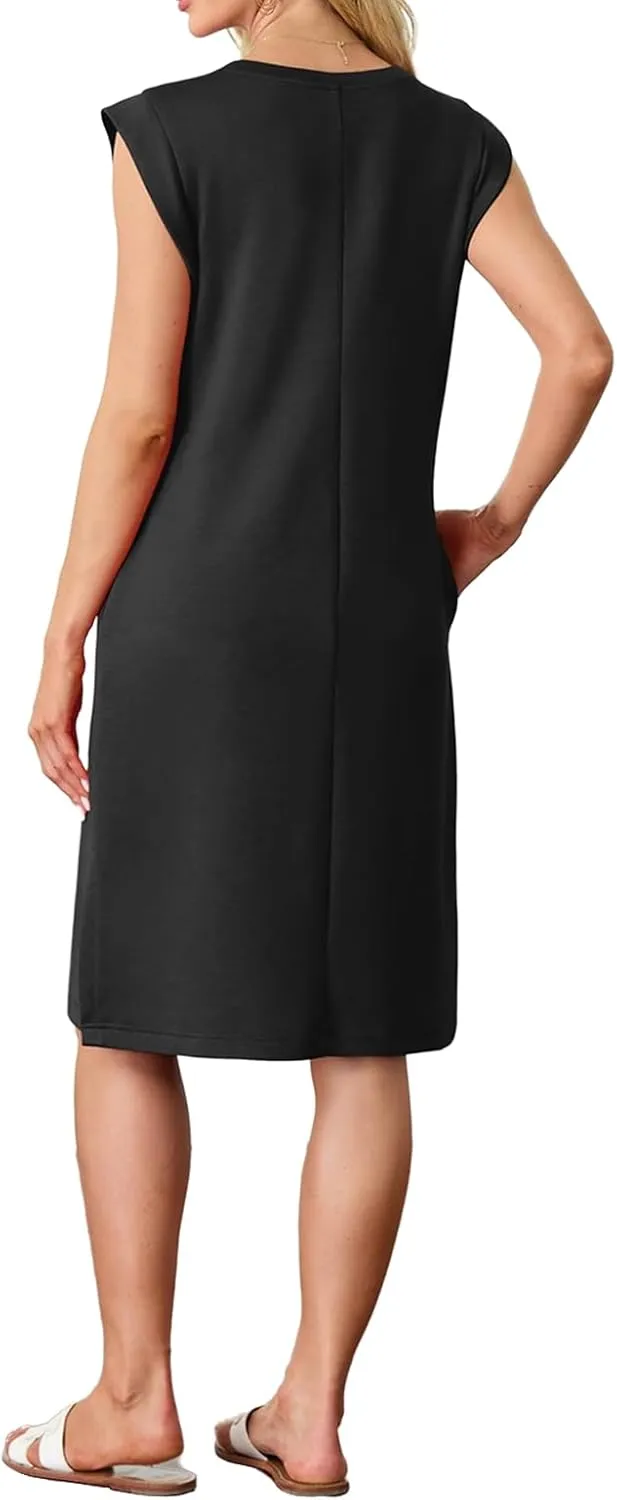 Women's Casual Midi Dresses Crewneck Sleeveless Dress Summer Loose Swing Split Wrinkle-Free Dress with Pockets