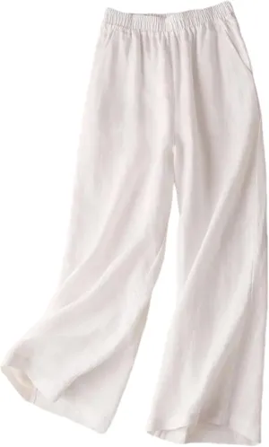 Women's Casual Summer Cotton Linen Wide Leg High Waist Straight Pants in Solid Color Trousers