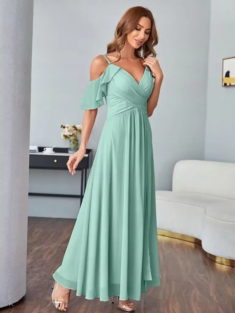 Women's Cold Shoulder Chiffon Bridesmaid Dresses with Slit V Neck Ruffles Formal Prom Dress with Pockets HO050