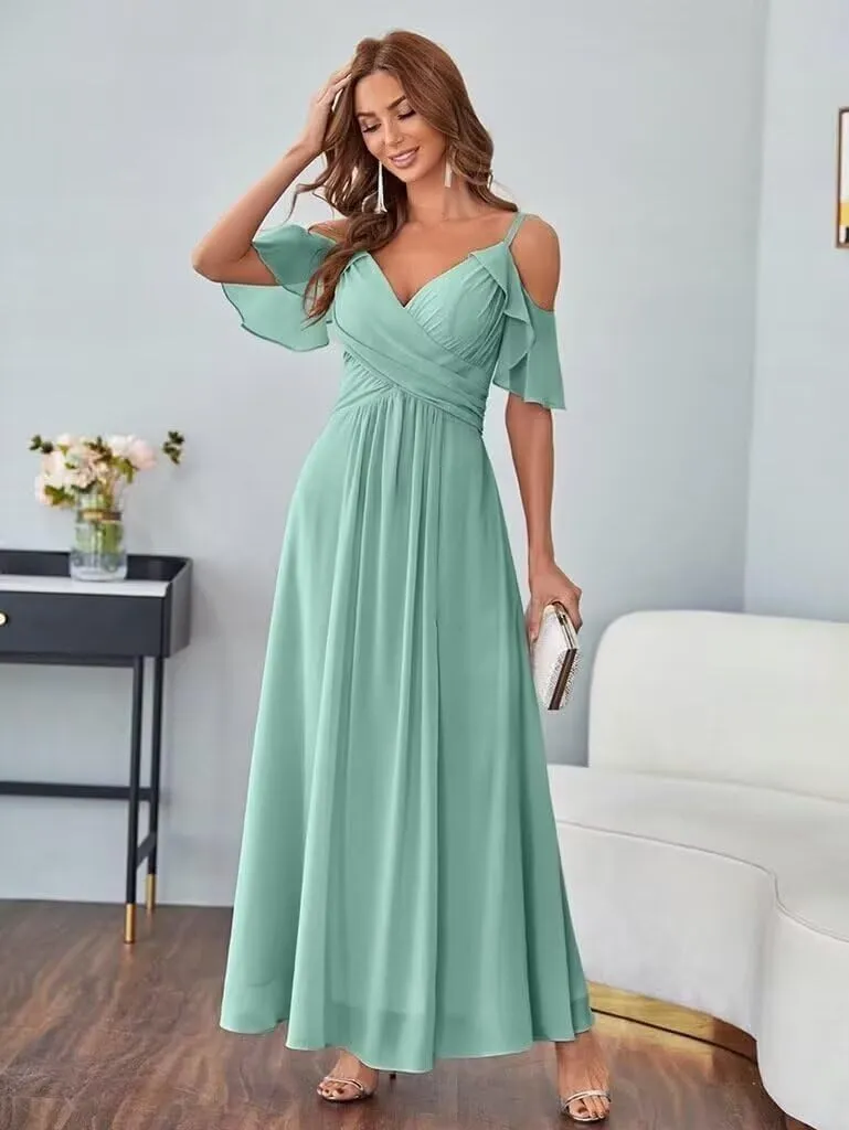 Women's Cold Shoulder Chiffon Bridesmaid Dresses with Slit V Neck Ruffles Formal Prom Dress with Pockets HO050