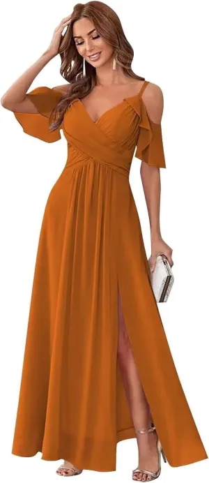 Women's Cold Shoulder Chiffon Bridesmaid Dresses with Slit V Neck Ruffles Formal Prom Dress with Pockets HO050