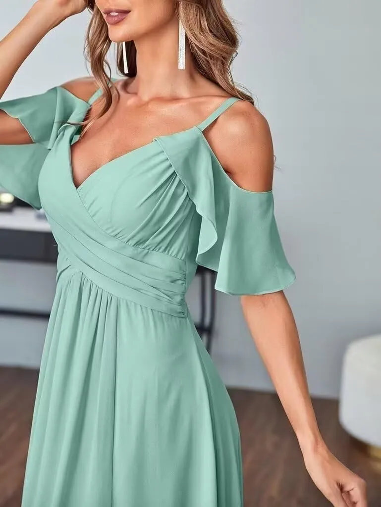 Women's Cold Shoulder Chiffon Bridesmaid Dresses with Slit V Neck Ruffles Formal Prom Dress with Pockets HO050