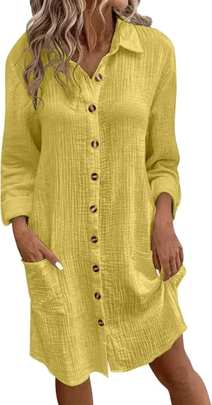 Womens Cotton Linen Dresses Fall Button Down Lapel Collar Long Sleeve Knee Length Tunic Shirt Midi Dress with Pockets