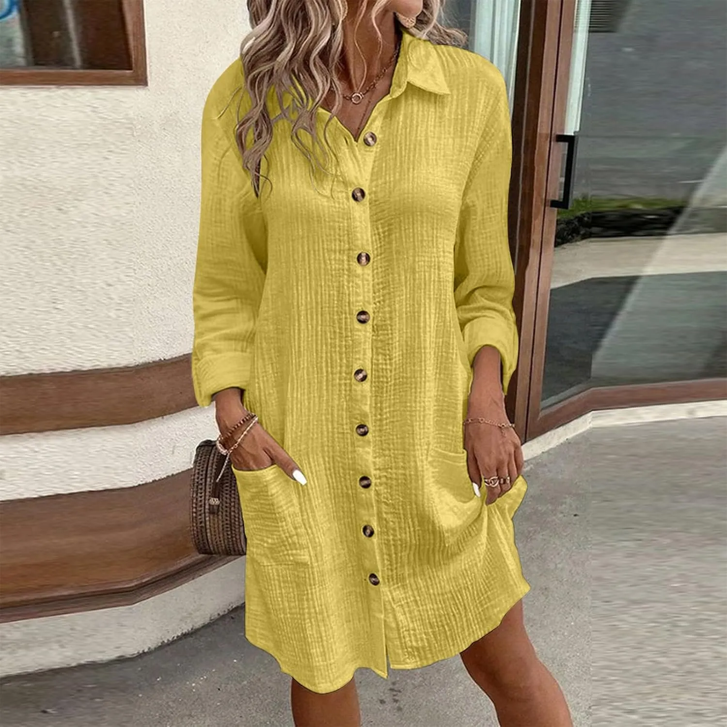 Womens Cotton Linen Dresses Fall Button Down Lapel Collar Long Sleeve Knee Length Tunic Shirt Midi Dress with Pockets