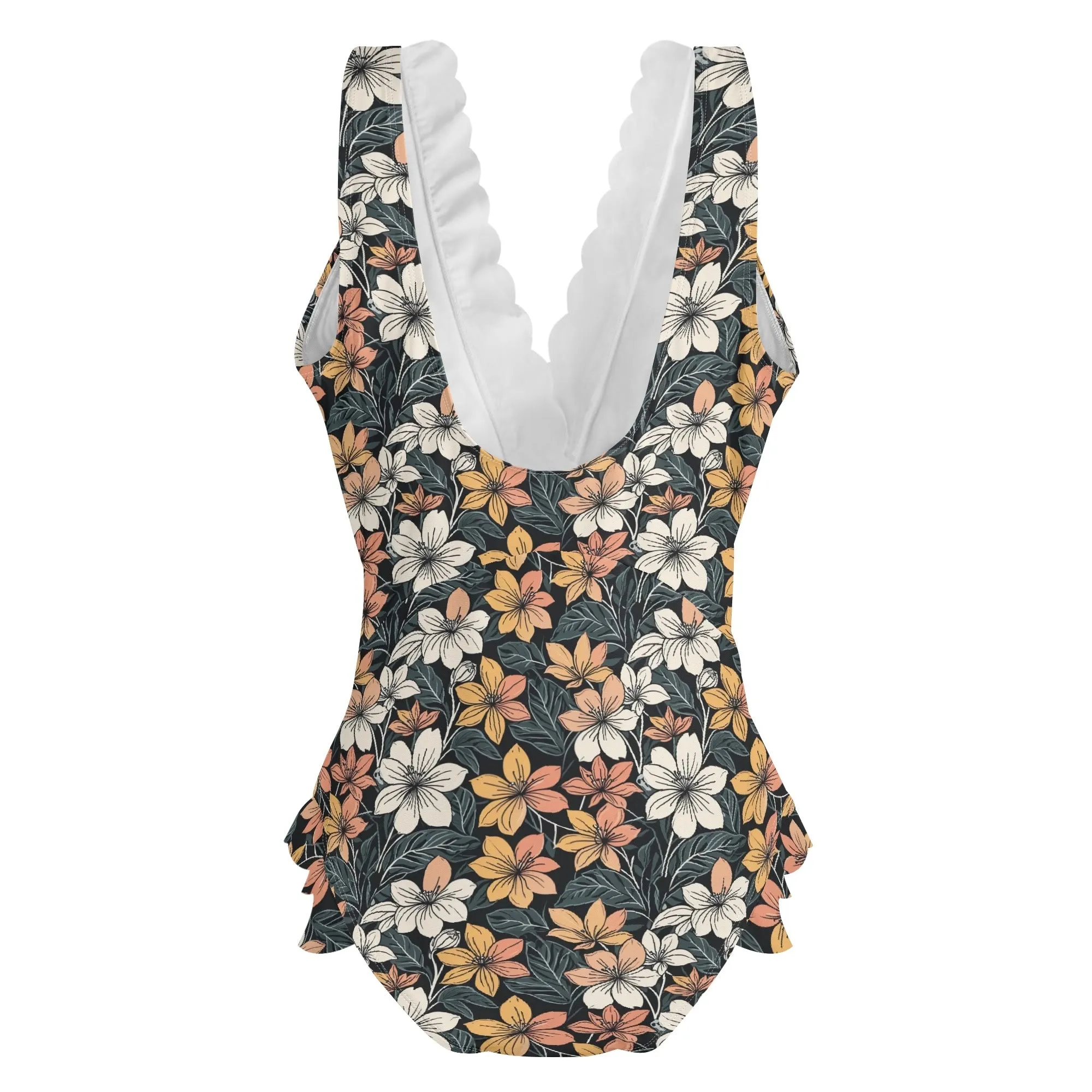 Womens Field of Flowers Ruffle Edge Cross-Front One Piece Swimsuit Bathing Suit