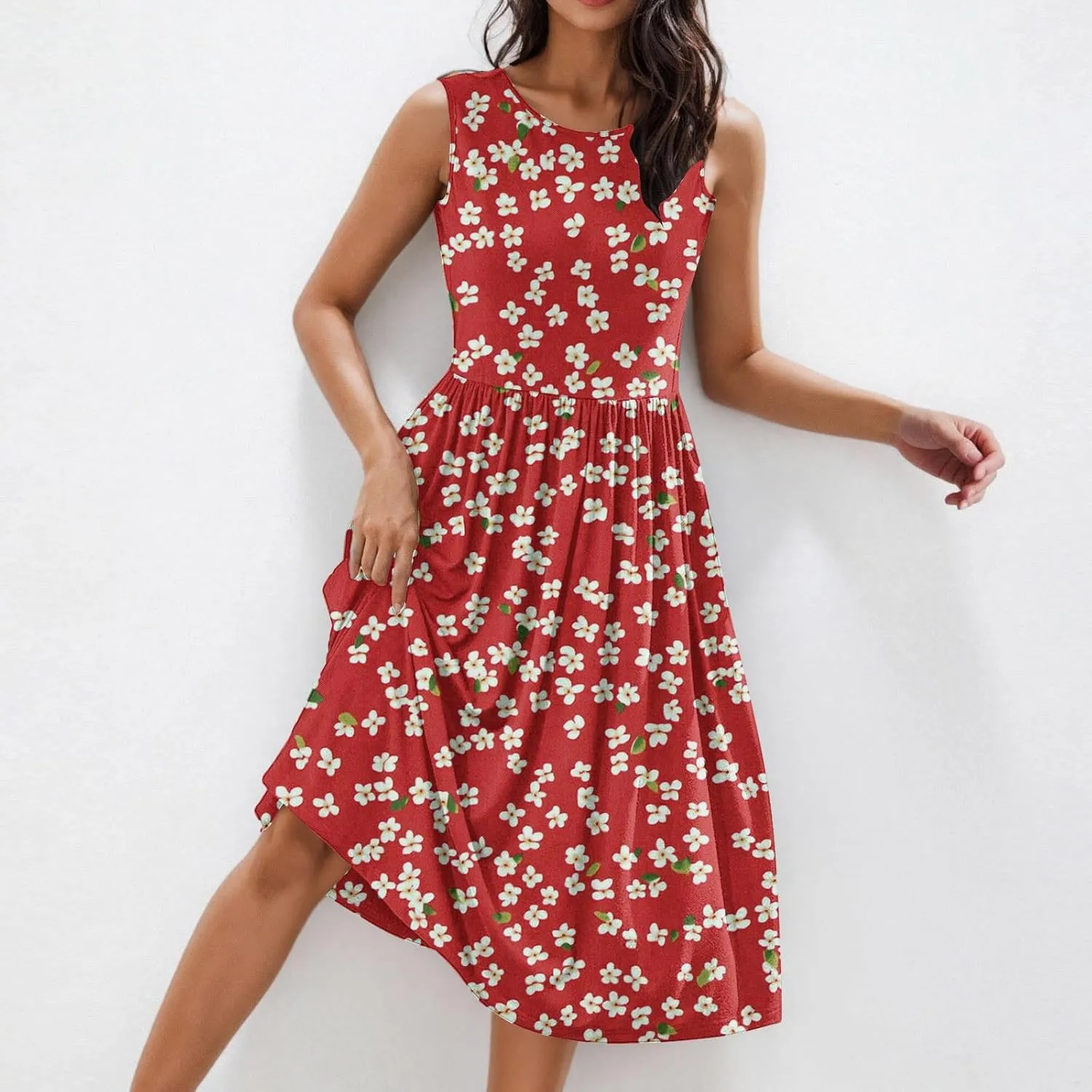 Women's Floral Print Beach Sundress Summer Casual Loose Sleeveless A Line Dress Round Neck Beach Flowy Maxi Dress