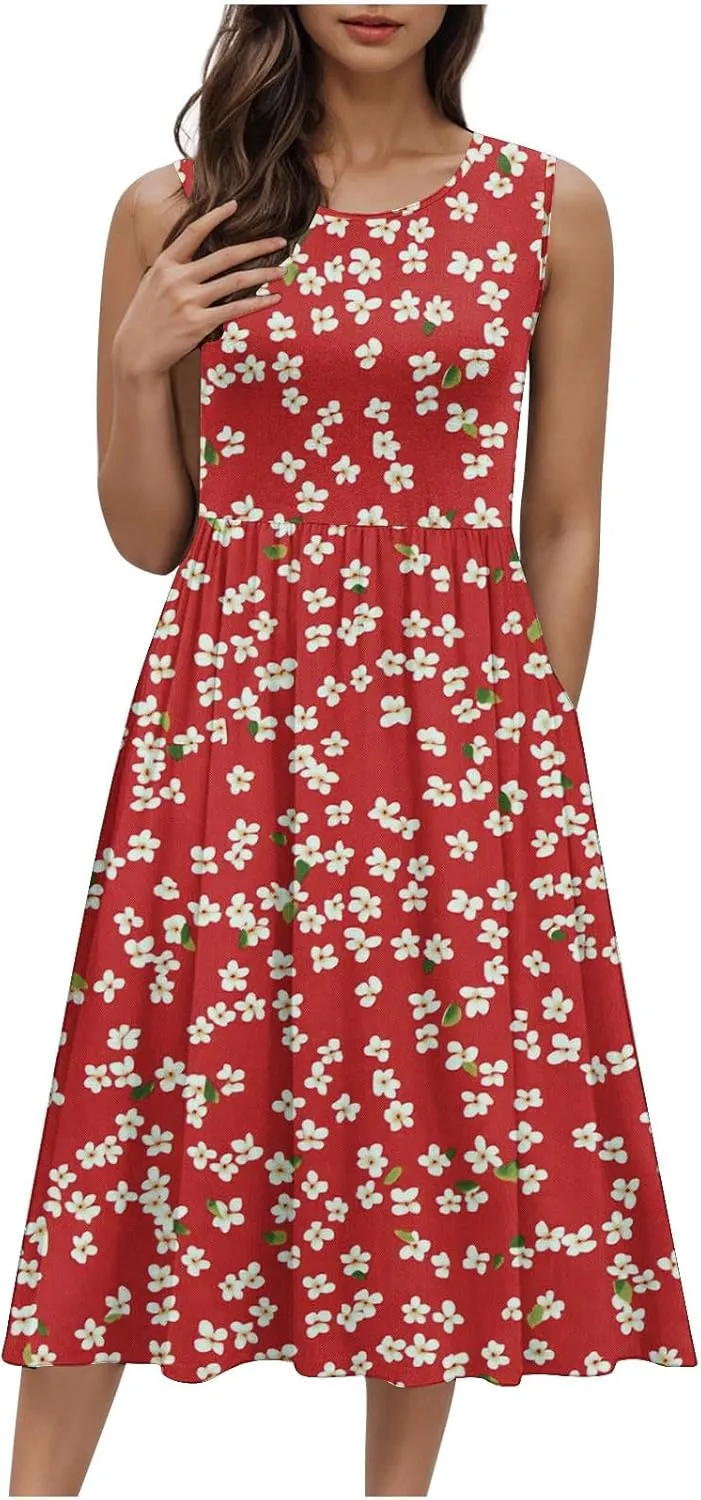 Women's Floral Print Beach Sundress Summer Casual Loose Sleeveless A Line Dress Round Neck Beach Flowy Maxi Dress