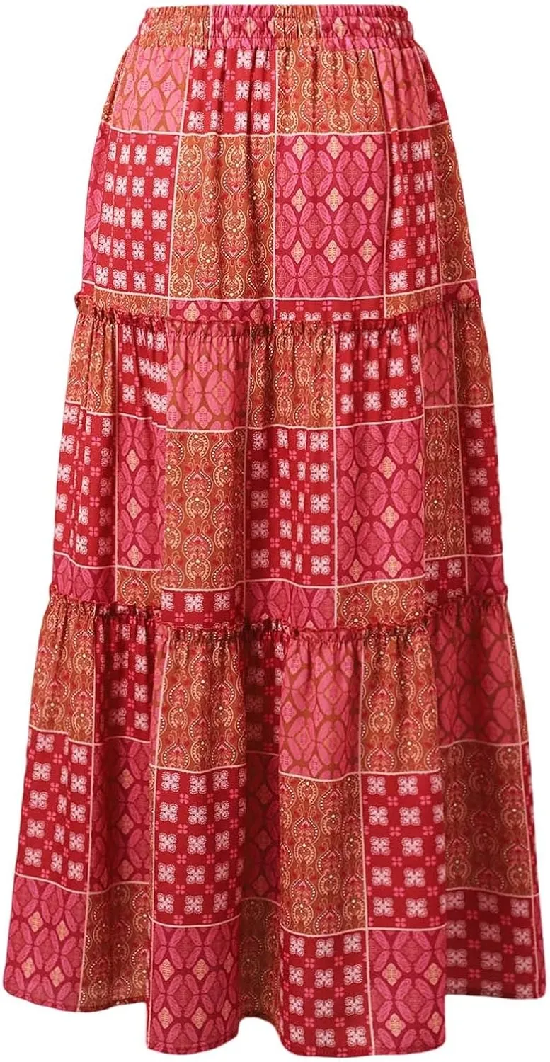 Womens Floral Print Boho Maxi Skirt Elastic High Waist Pleated Ruffle Flowy Long Skirts Summer A Line Casual Skorts