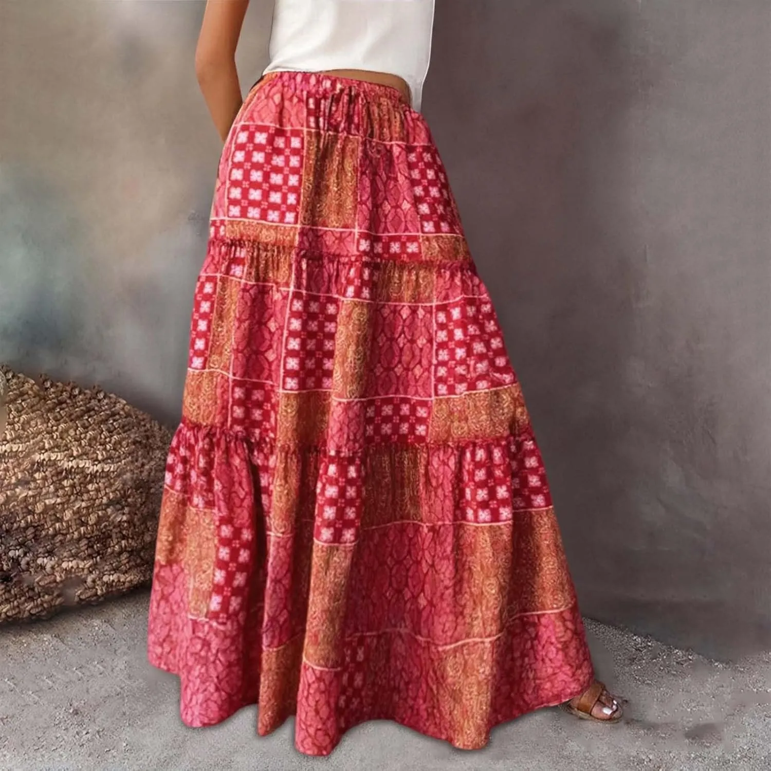 Womens Floral Print Boho Maxi Skirt Elastic High Waist Pleated Ruffle Flowy Long Skirts Summer A Line Casual Skorts