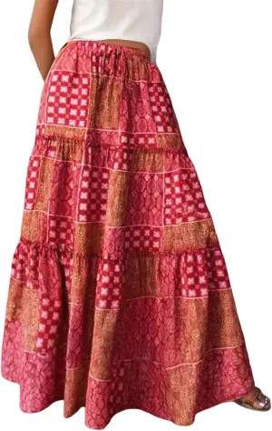 Womens Floral Print Boho Maxi Skirt Elastic High Waist Pleated Ruffle Flowy Long Skirts Summer A Line Casual Skorts