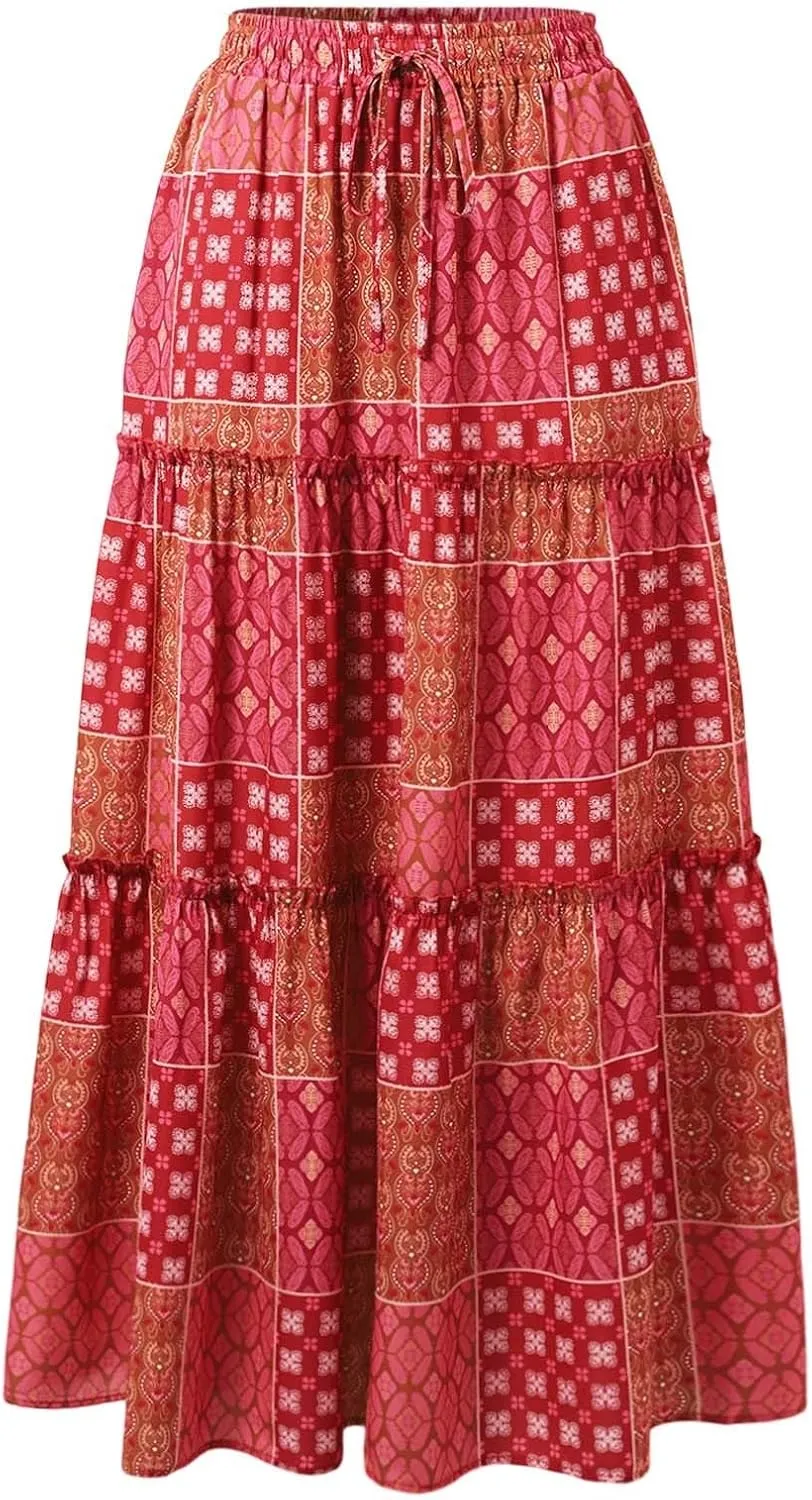 Womens Floral Print Boho Maxi Skirt Elastic High Waist Pleated Ruffle Flowy Long Skirts Summer A Line Casual Skorts