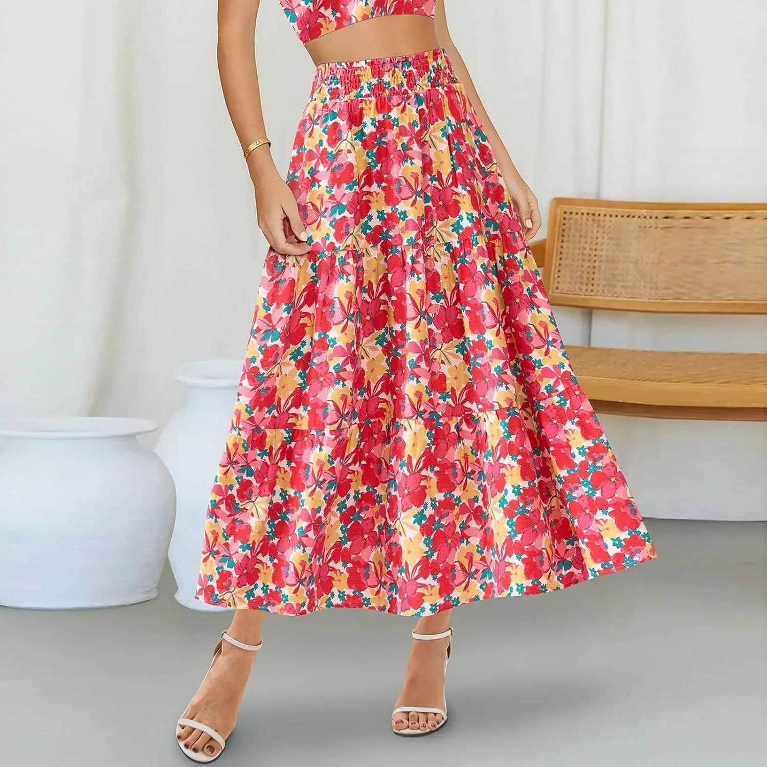Women's Floral Print Midi Maxi Skirts- 2025 Summer Casual Aline Elastic High Waist Pleated Flowy Long Skirt Pockets