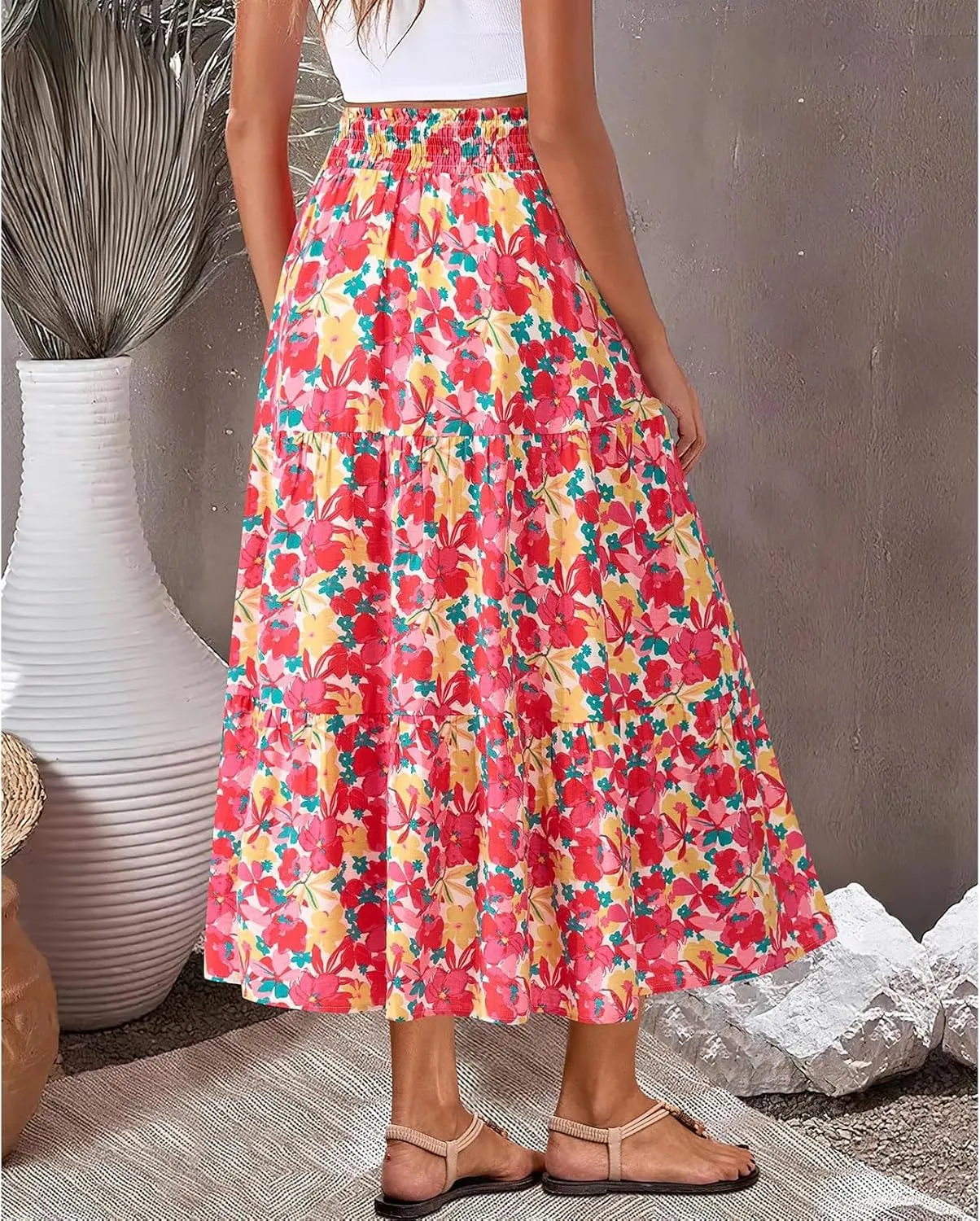 Women's Floral Print Midi Maxi Skirts- 2025 Summer Casual Aline Elastic High Waist Pleated Flowy Long Skirt Pockets