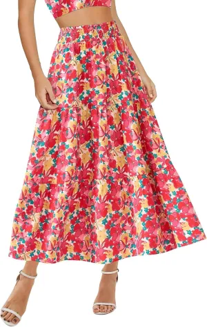Women's Floral Print Midi Maxi Skirts- 2025 Summer Casual Aline Elastic High Waist Pleated Flowy Long Skirt Pockets