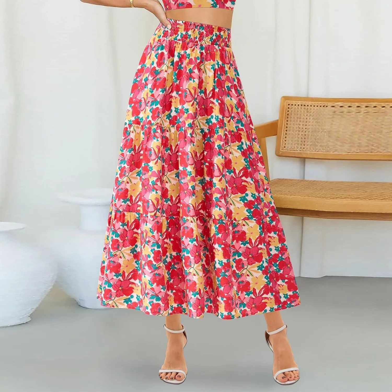 Women's Floral Print Midi Maxi Skirts- 2025 Summer Casual Aline Elastic High Waist Pleated Flowy Long Skirt Pockets