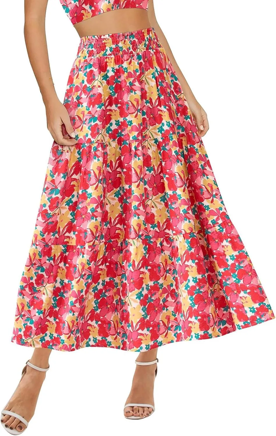 Women's Floral Print Midi Maxi Skirts- 2025 Summer Casual Aline Elastic High Waist Pleated Flowy Long Skirt Pockets