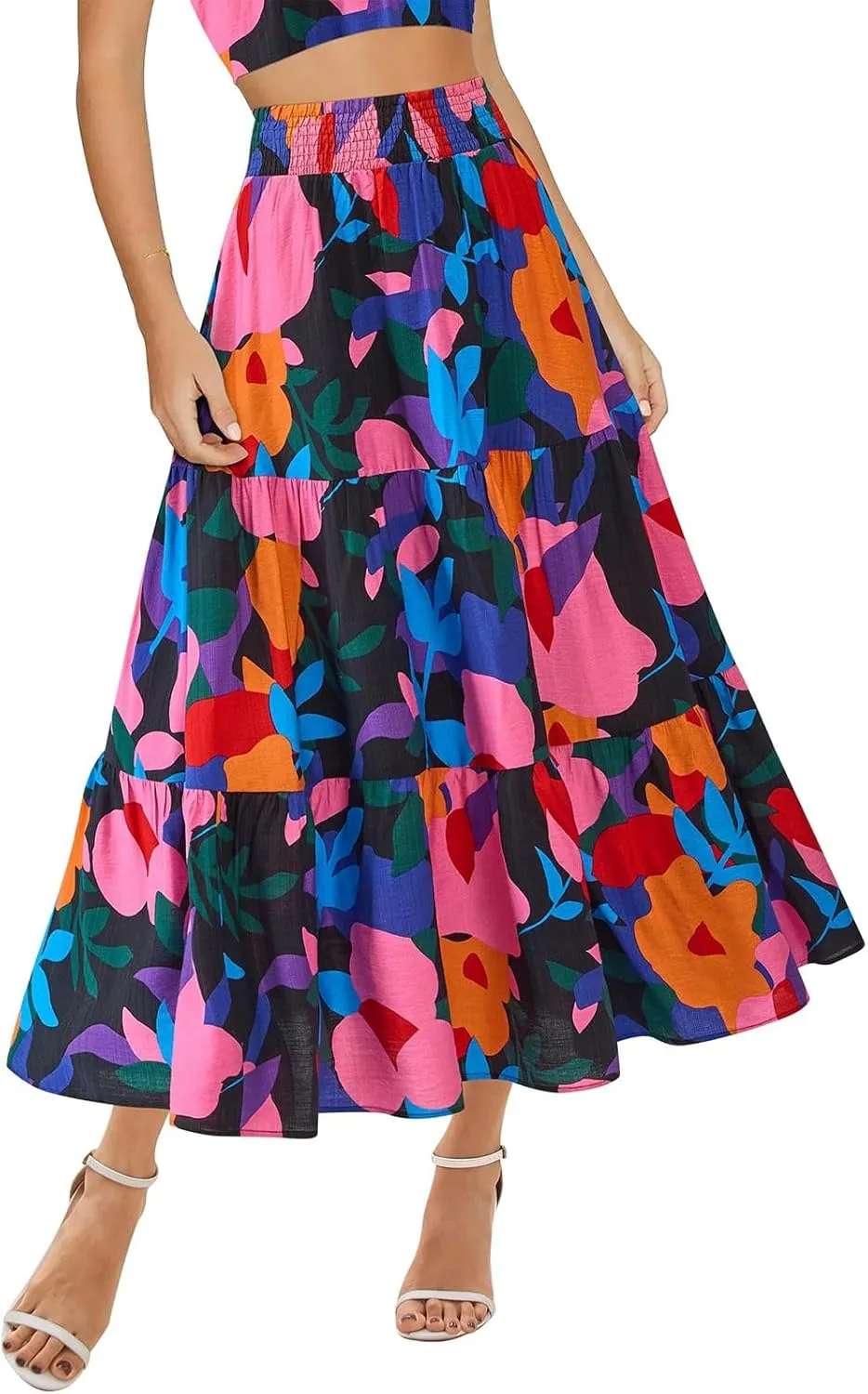 Women's Floral Print Midi Skirts 2025 Summer Aline Elastic High Waist Pleated Flowy Long Skirt Pockets Cute Skirts