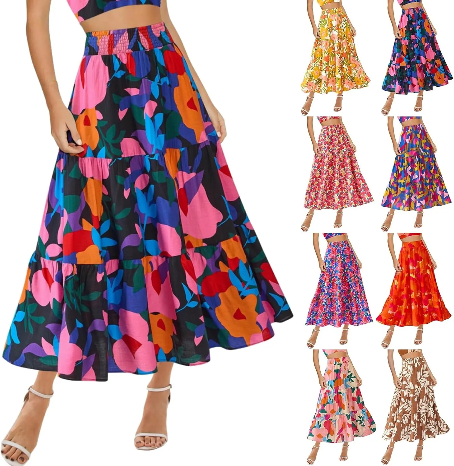Women's Floral Print Midi Skirts 2025 Summer Aline Elastic High Waist Pleated Flowy Long Skirt Pockets Cute Skirts