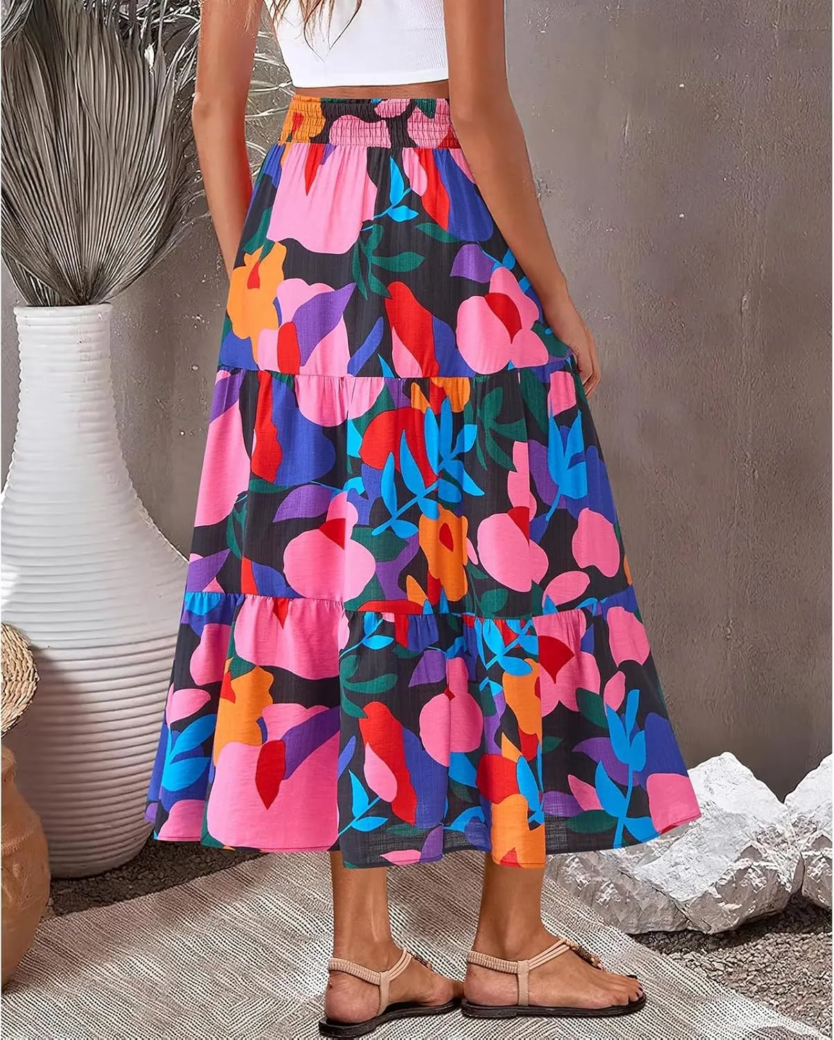 Women's Floral Print Midi Skirts 2025 Summer Aline Elastic High Waist Pleated Flowy Long Skirt Pockets Cute Skirts