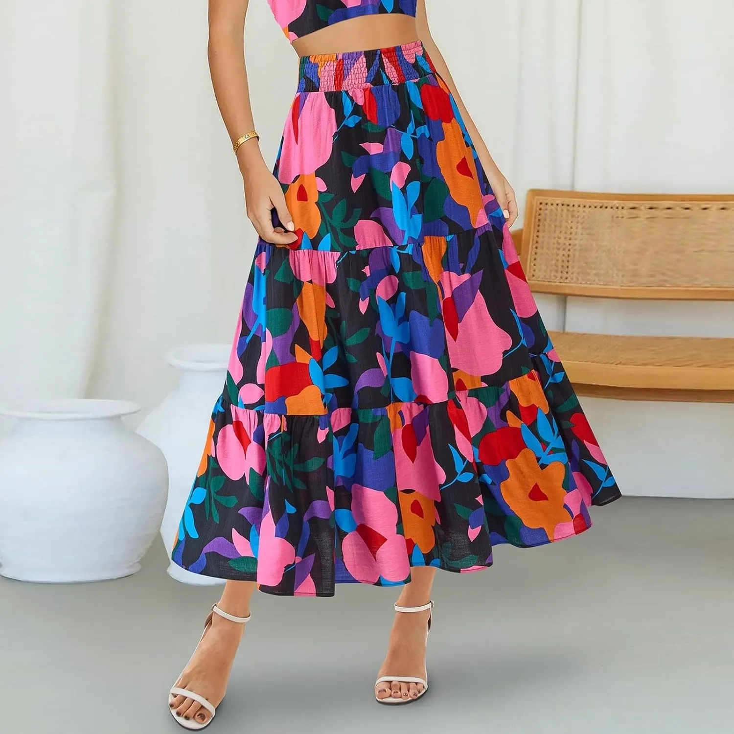 Women's Floral Print Midi Skirts 2025 Summer Aline Elastic High Waist Pleated Flowy Long Skirt Pockets Cute Skirts