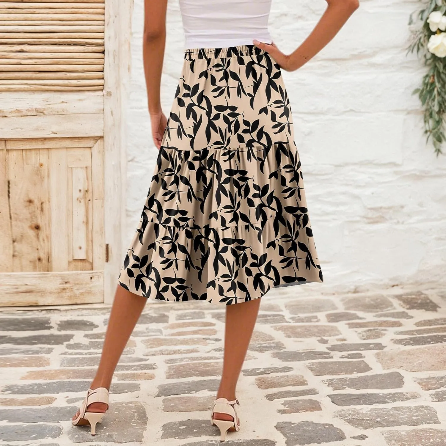 Womens Floral Print Midi Skirts 2025 Summer Casual Aline Elastic High Waisted Pleated Flowy Long Skirt with Pockets
