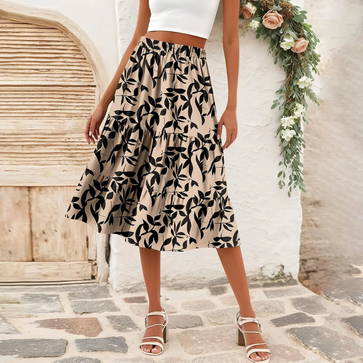 Womens Floral Print Midi Skirts 2025 Summer Casual Aline Elastic High Waisted Pleated Flowy Long Skirt with Pockets