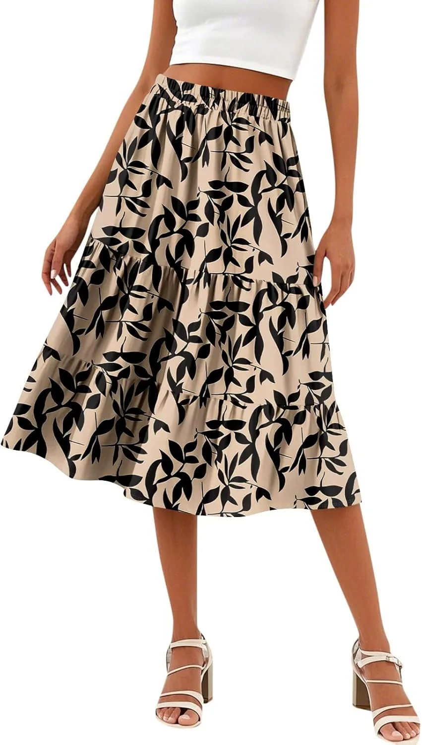 Womens Floral Print Midi Skirts 2025 Summer Casual Aline Elastic High Waisted Pleated Flowy Long Skirt with Pockets