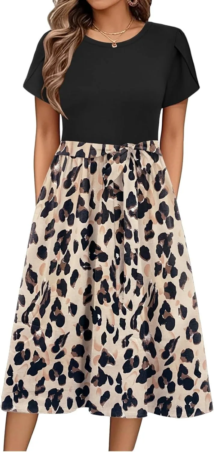 Womens Midi Dress Summer Short Sleeve Dress with Pockets 2025 Casual Floral T-Shirt Dress Flowy Beach Sundress