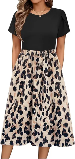 Womens Midi Dress Summer Short Sleeve Dress with Pockets 2025 Casual Floral T-Shirt Dress Flowy Beach Sundress