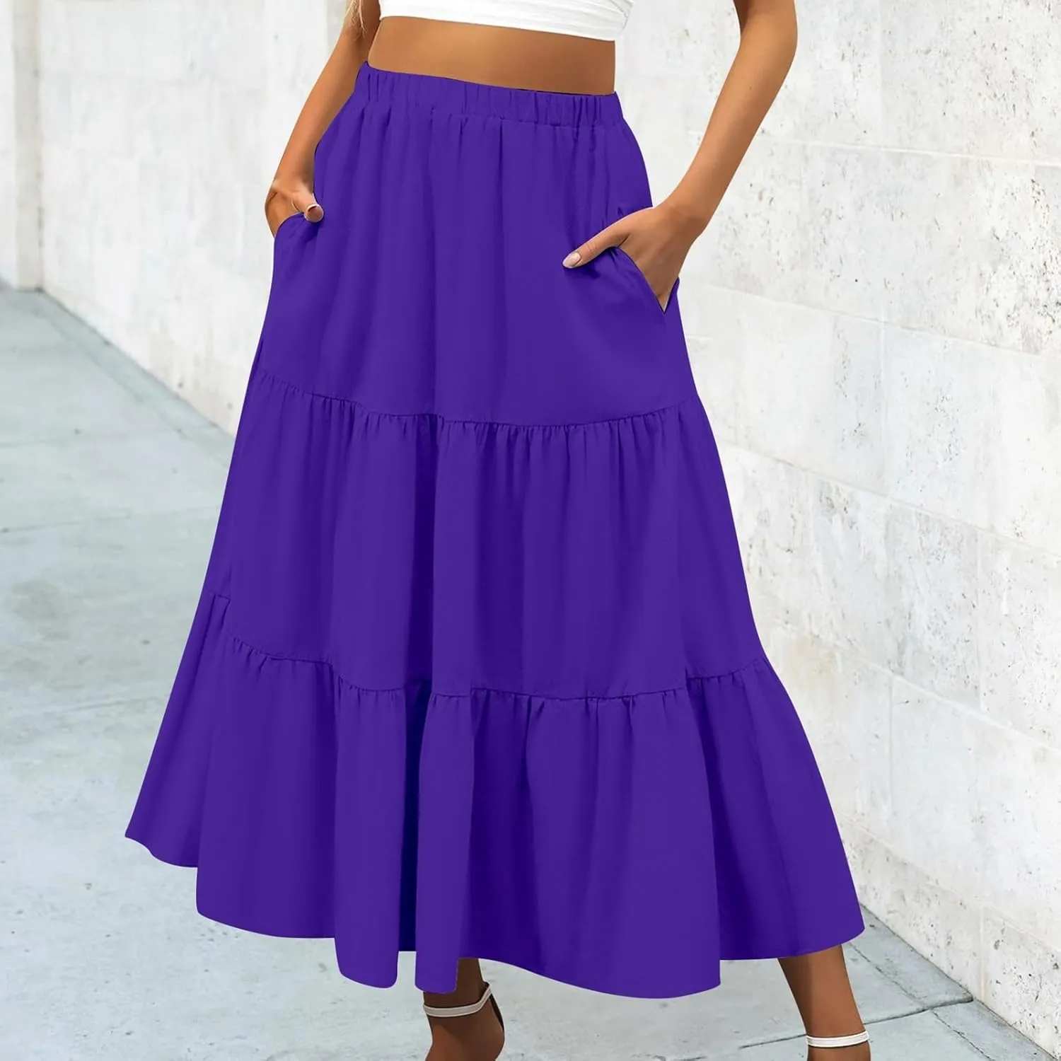 Womens Midi Skirts Summer Casual Flowy A-Line Elastic High Waist Tiered Ruffle Pleated Swing Boho Long Skirt Dress