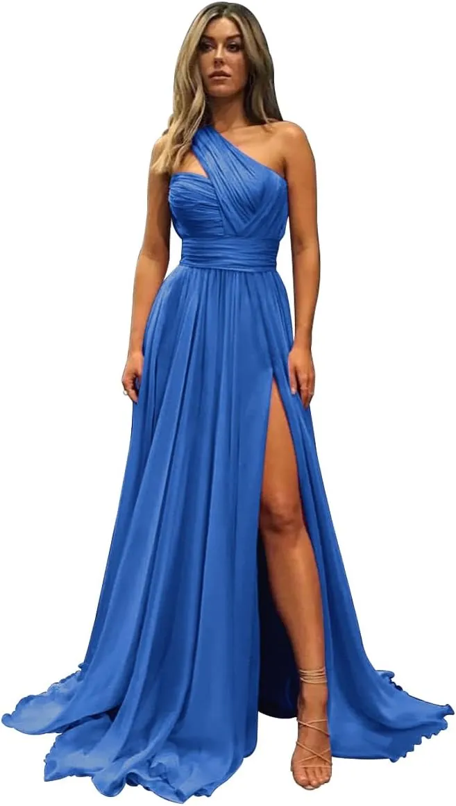 Women's One Shoulder Chiffon Prom Dresses Long Ball Gown Slit Formal Evening Dress with Pockets ZW02