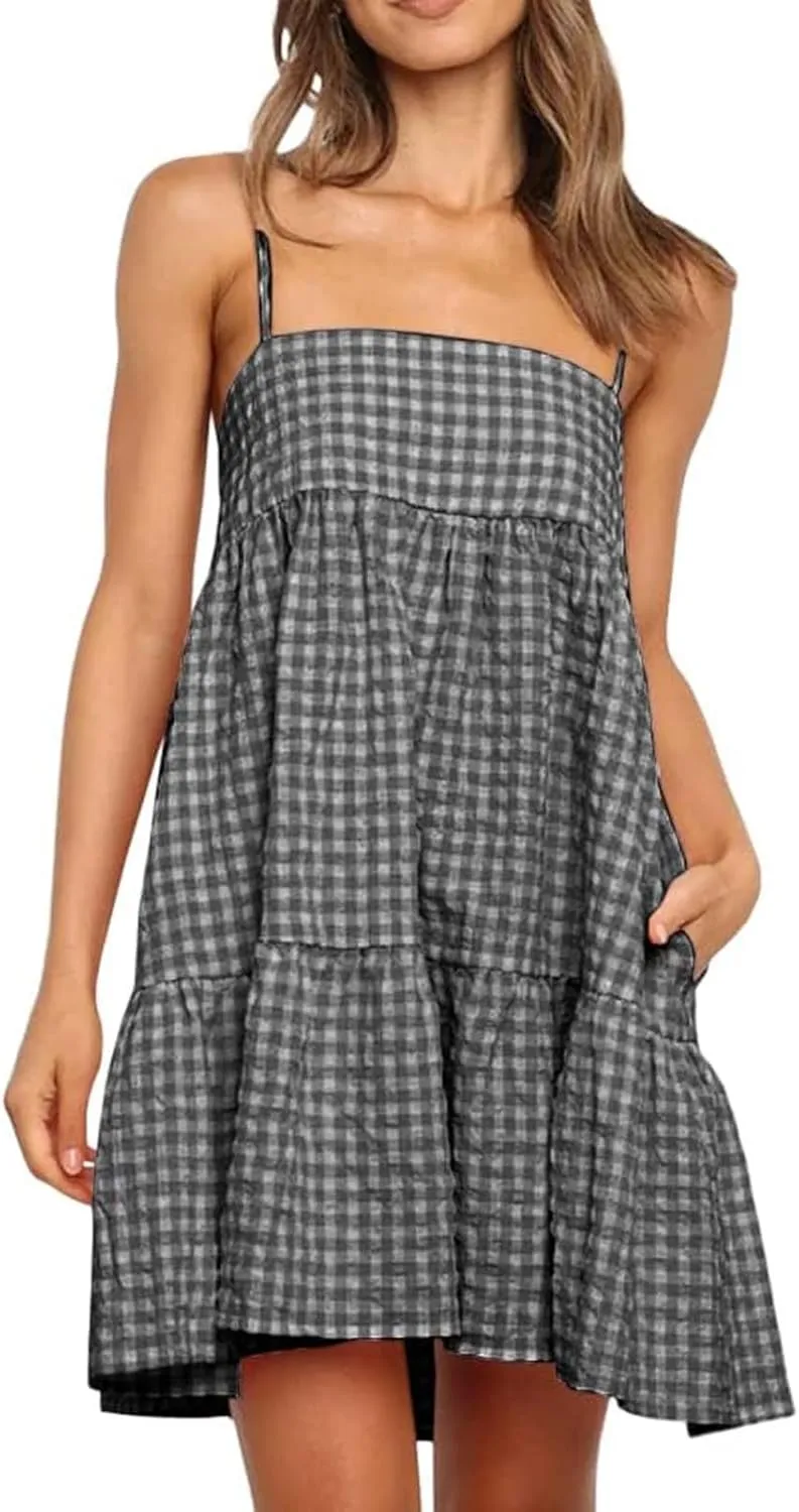Womens Plaid A-Line Tank Dresses Spaghetti Straps Tiered Ruffle Hem Swing Flowy Casual Mini Dress with Side Pockets