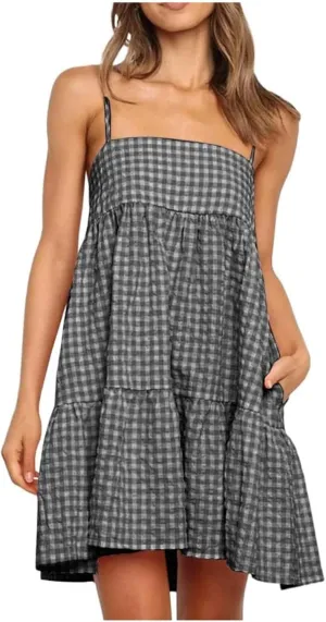 Womens Plaid A-Line Tank Dresses Spaghetti Straps Tiered Ruffle Hem Swing Flowy Casual Mini Dress with Side Pockets