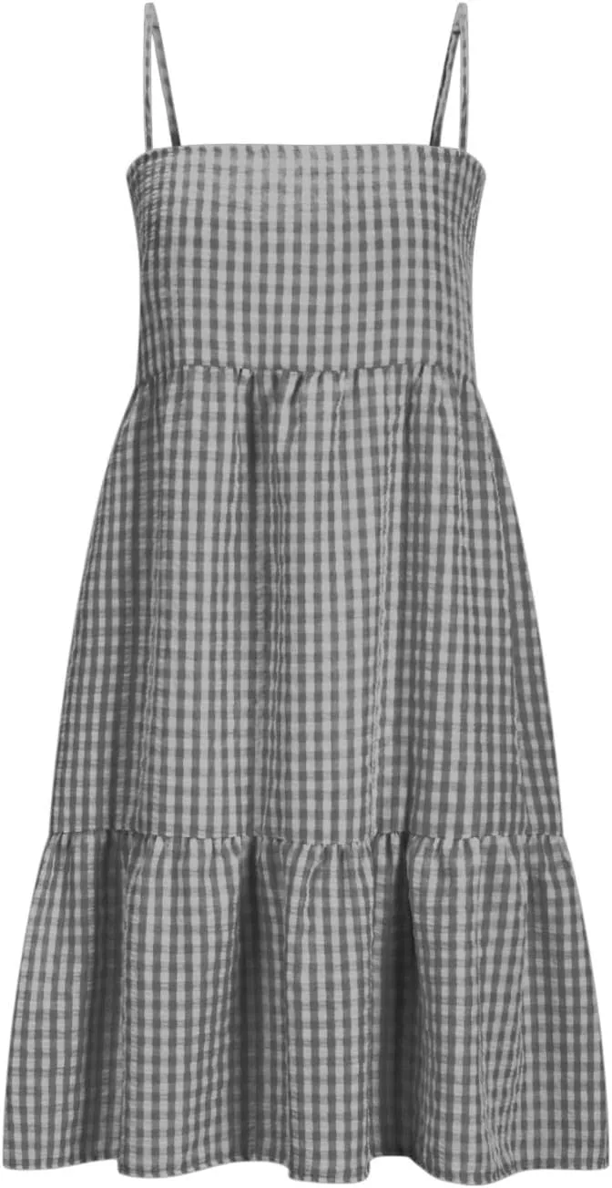 Womens Plaid A-Line Tank Dresses Spaghetti Straps Tiered Ruffle Hem Swing Flowy Casual Mini Dress with Side Pockets