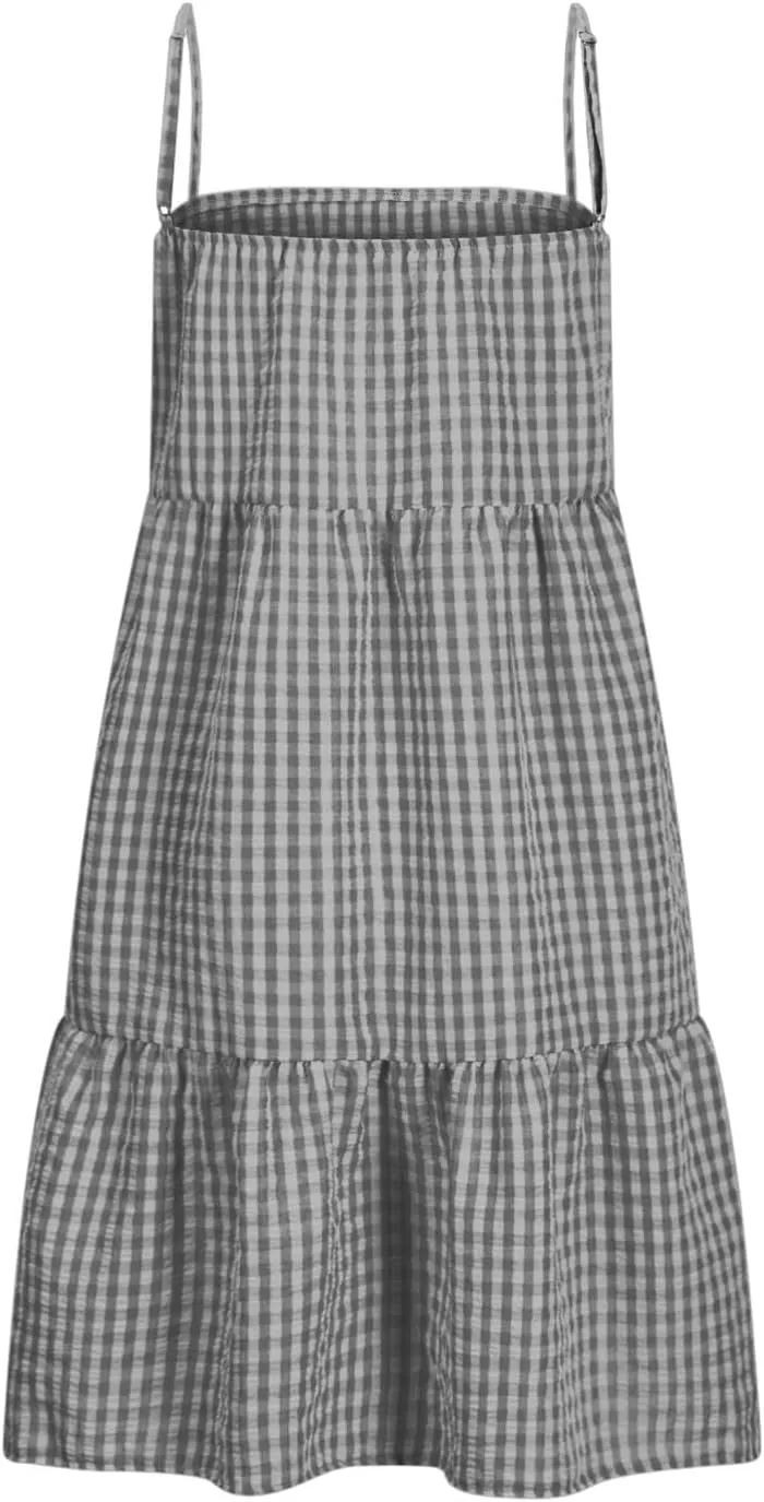 Womens Plaid A-Line Tank Dresses Spaghetti Straps Tiered Ruffle Hem Swing Flowy Casual Mini Dress with Side Pockets