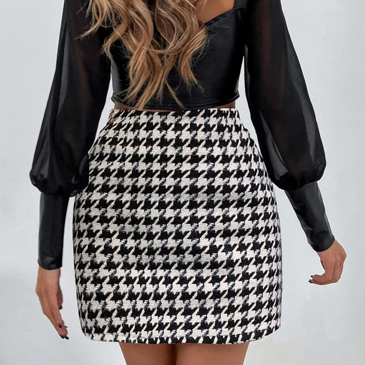 Women's Plaid Skirt High Waisted Trendy Club A-Line Pencil Skirt Short Length Bodycon Pencil Wool Mini Skirts