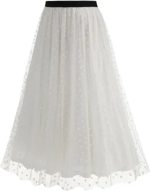 Women's Polka Dot Tulle Long Skirt, High Waisted Flowy Summer Casual Skirts Going Out Streetwear Trendy Clothes