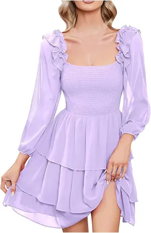 Women's Ruffle Mini Dress Square Neck Long Sleeve Party Dress Cute Wedding Guest Dress Homecoming Dresses