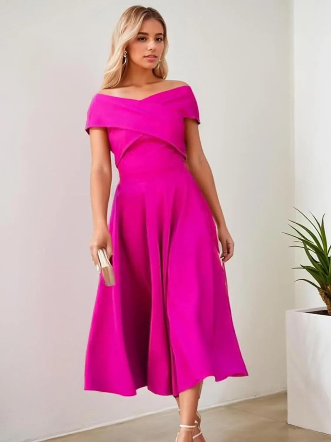 Womens Satin Off The Shoulder Evening Dress Tea Length Prom Dresses for Women A Line Midi Wedding Guest Dress