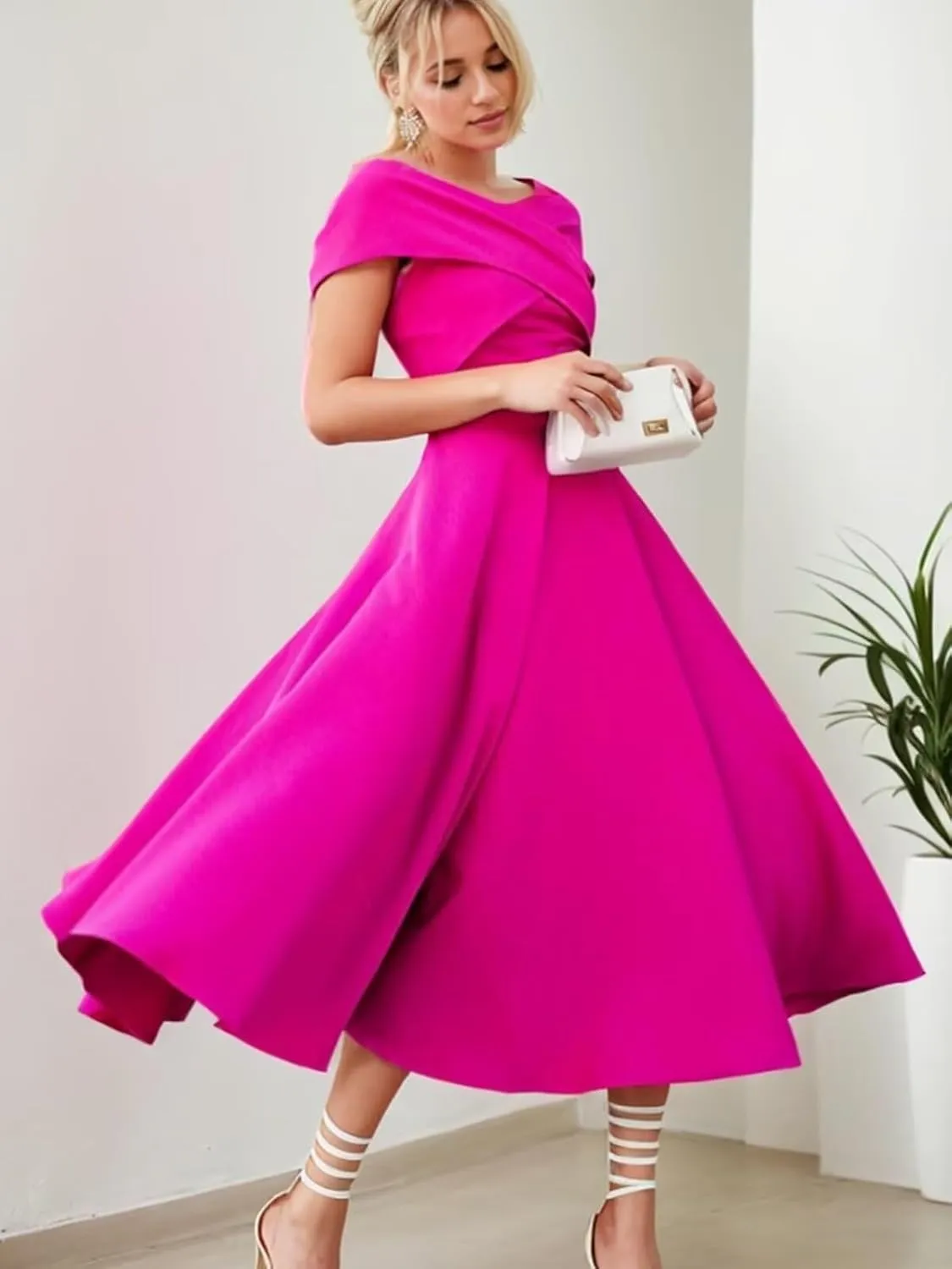 Womens Satin Off The Shoulder Evening Dress Tea Length Prom Dresses for Women A Line Midi Wedding Guest Dress