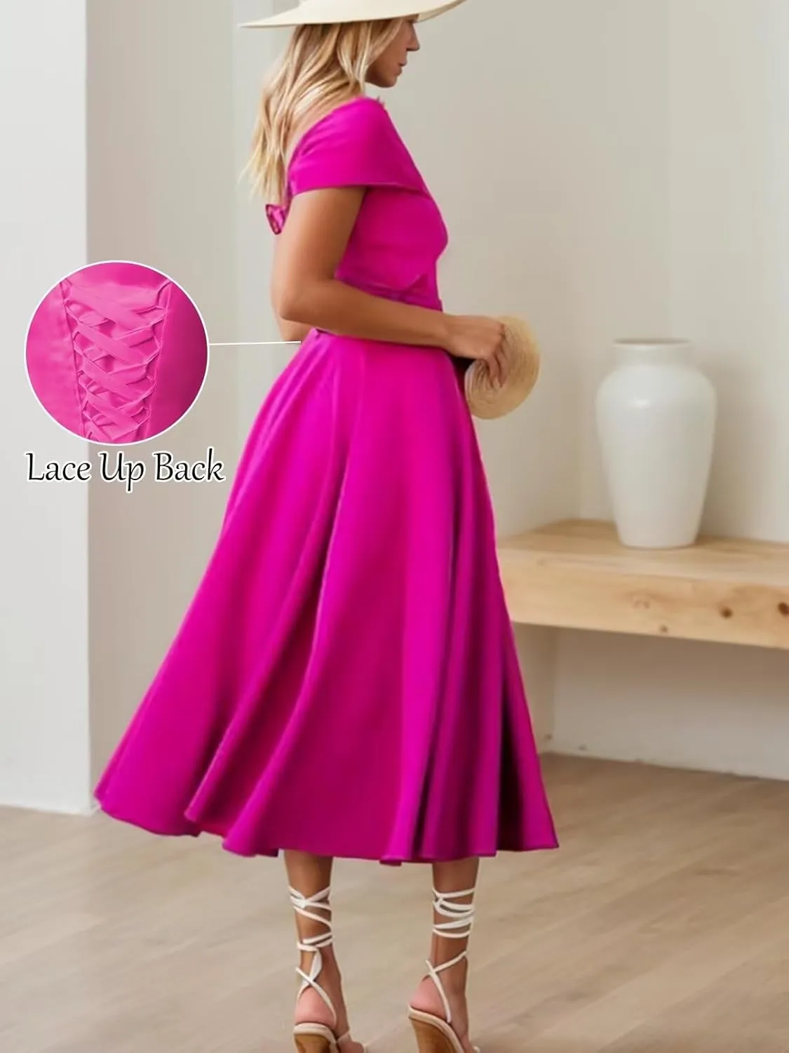 Womens Satin Off The Shoulder Evening Dress Tea Length Prom Dresses for Women A Line Midi Wedding Guest Dress