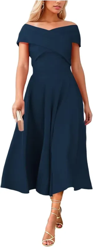 Womens Satin Off The Shoulder Evening Dress Tea Length Prom Dresses for Women A Line Midi Wedding Guest Dress