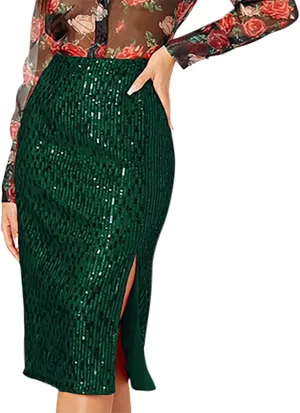 Women's Sequin Skirt High Waist Side Split Sparkly Glitter Pencil Midi Skirts Sexy Elegant Cocktail Party Skirt