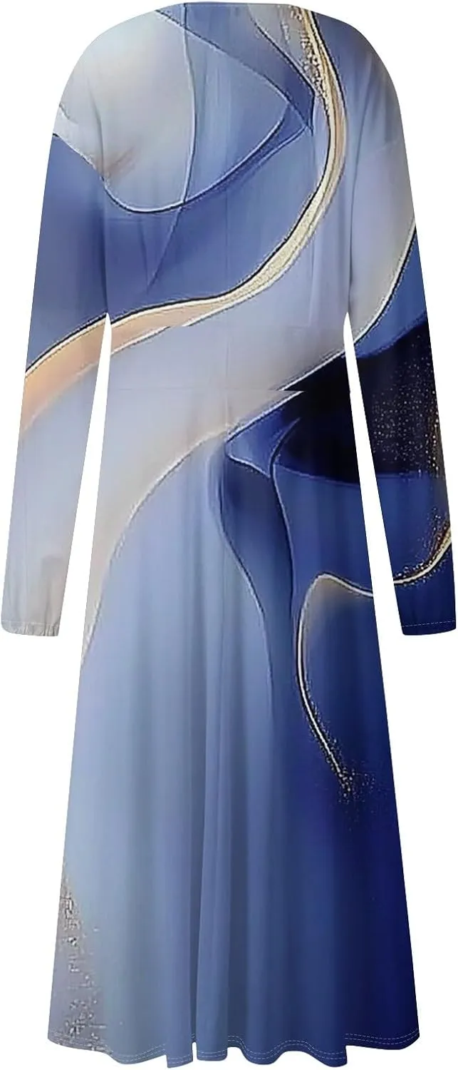 Women's Simple Gradient Long Sleeve Dress Pretty Casual V-Neck Summer Maxi Dresses