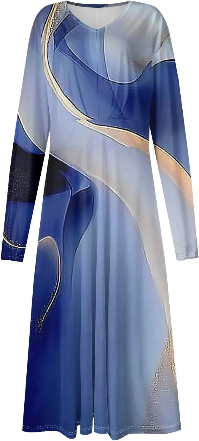 Women's Simple Gradient Long Sleeve Dress Pretty Casual V-Neck Summer Maxi Dresses