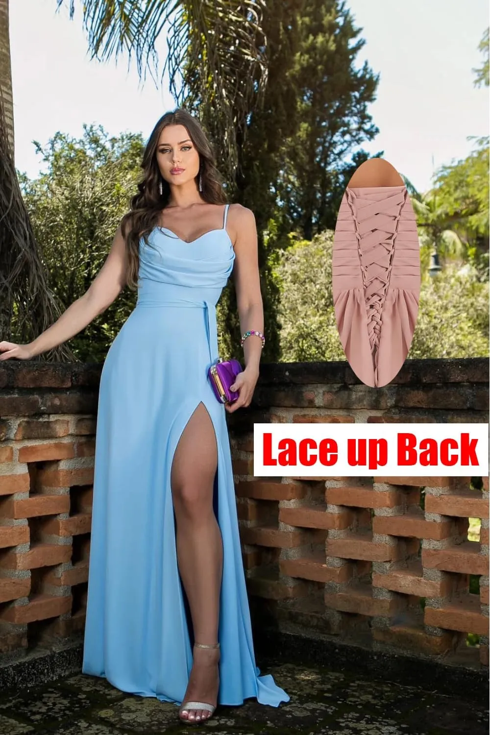 Women's Spaghetti Strap Bridesmaid Dresses Long with Slit Cowl Neck A Line Chiffon Formal Prom Gowns