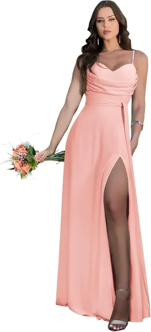 Women's Spaghetti Strap Bridesmaid Dresses Long with Slit Cowl Neck A Line Chiffon Formal Prom Gowns