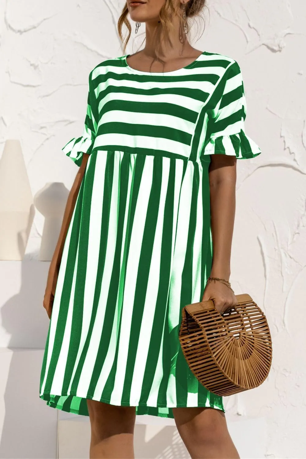Womens Striped Summer Dress Ruffle Short Sleeve Crewmeck Shirt Dress Loose 2024 Sundresses S-5XL