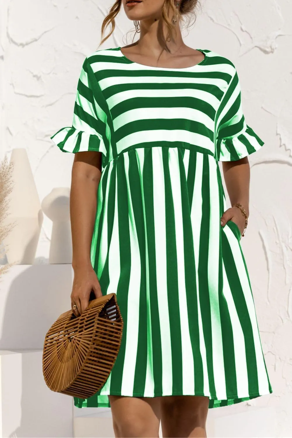 Womens Striped Summer Dress Ruffle Short Sleeve Crewmeck Shirt Dress Loose 2024 Sundresses S-5XL