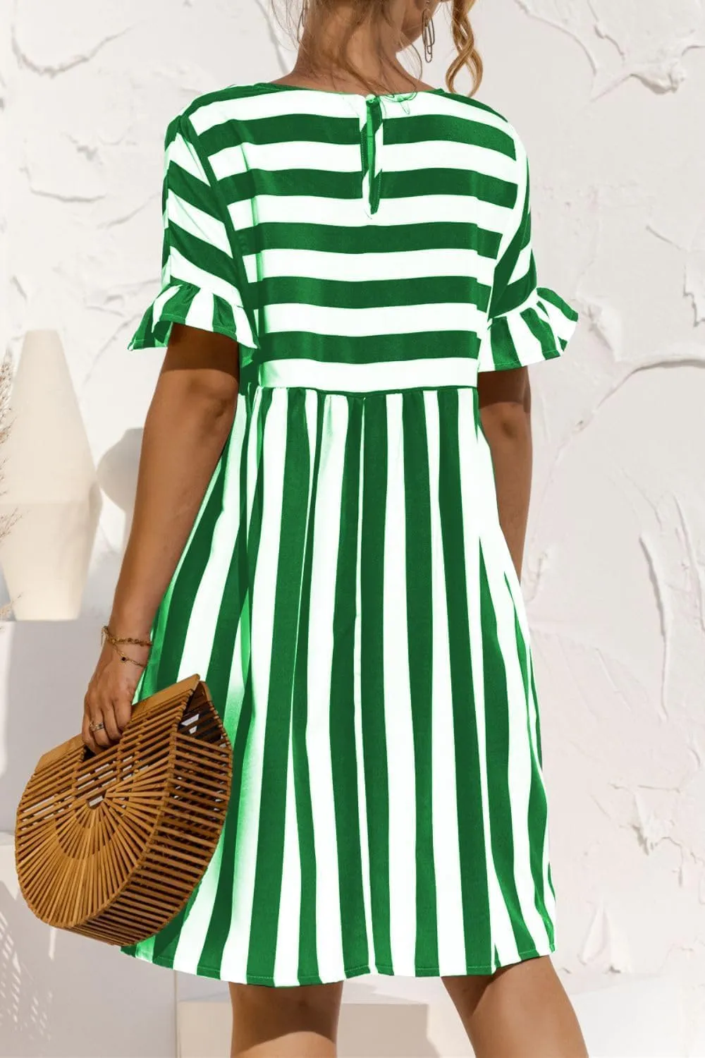 Womens Striped Summer Dress Ruffle Short Sleeve Crewmeck Shirt Dress Loose 2024 Sundresses S-5XL